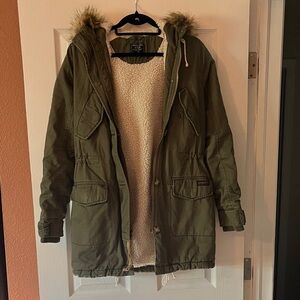 Abercrombie & Fitch Khaki Utility Jacket with Faux Fur Trim
